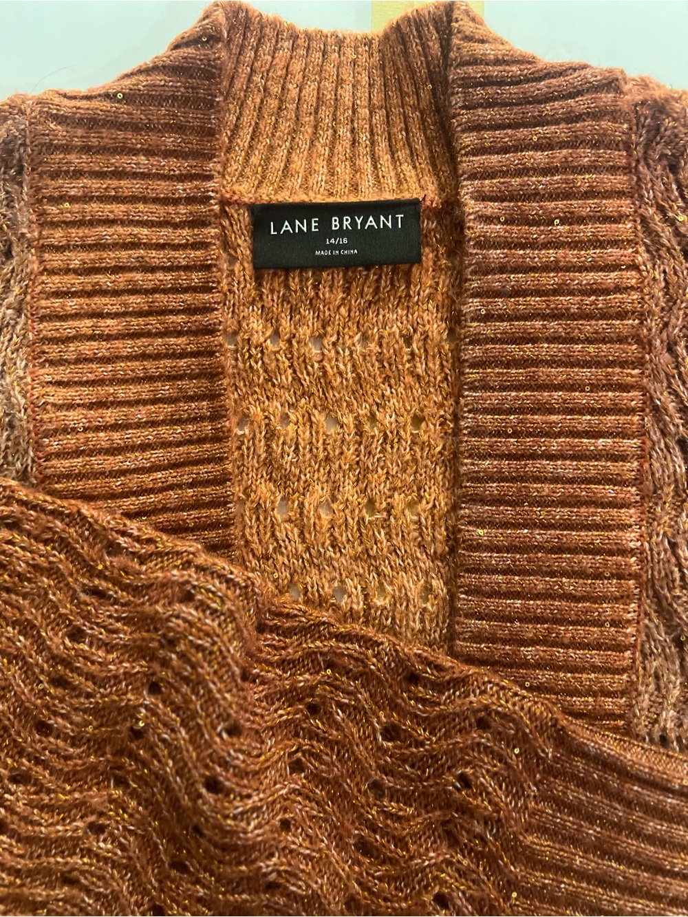 Lane Bryant Copper Rust Open Knit Cardigan with Subtle Metallic